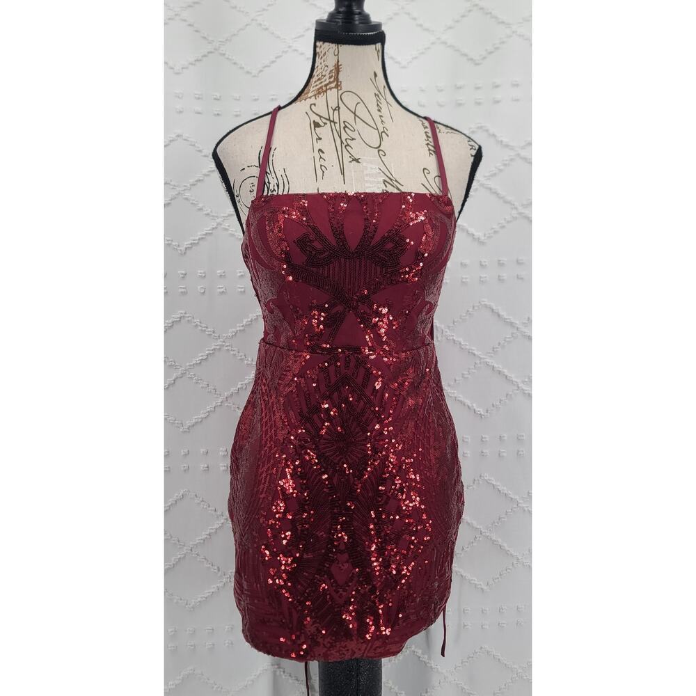 Sparkly Sequin Homecoming mini Dress Wine Cocktail Dress Spaghetti Strap Size 0 - Picture 3 of 11